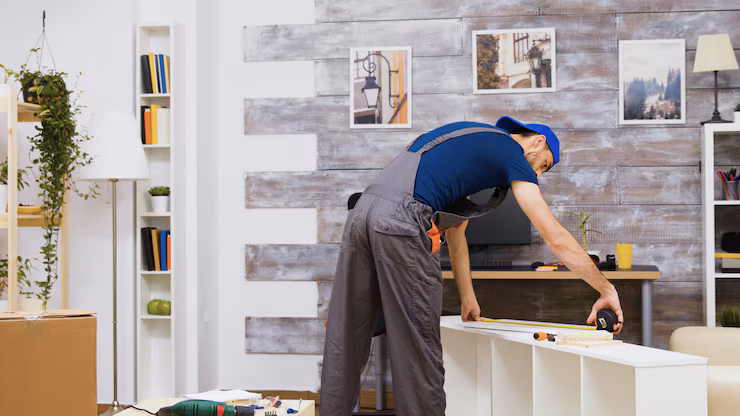furniture assembly worker standing reading instruction using tape measure worker tools 482257 24849